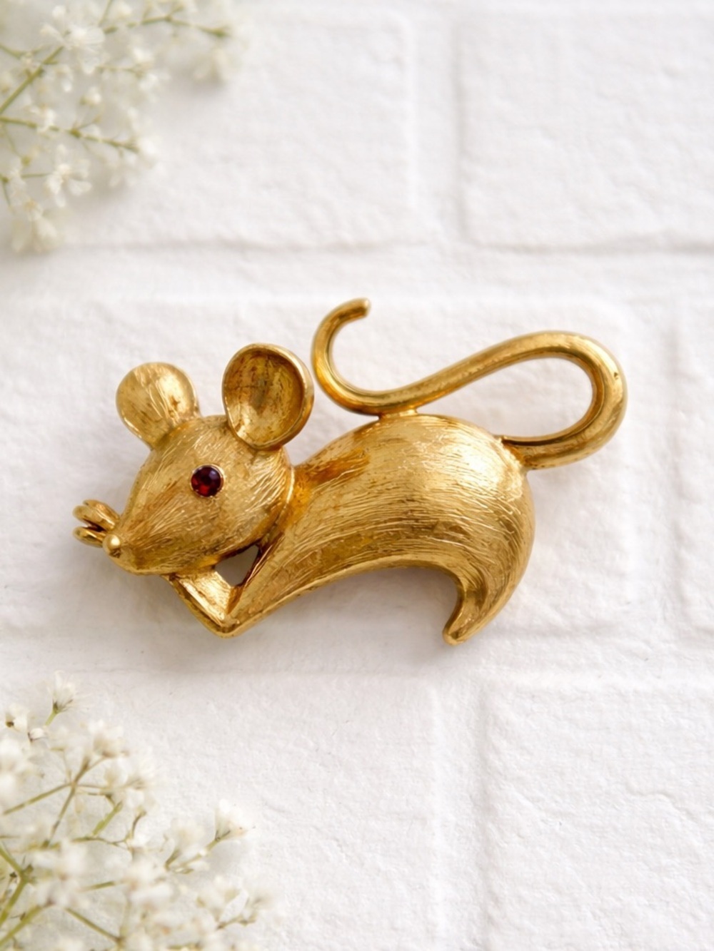 Vintage Monet Gold Tone Mouse Brooch Red Rhinestone Eye Figural Pin